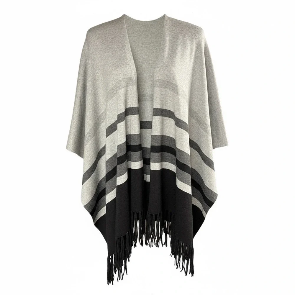 NWT Talbots‎ White Black & Gray Stripe Knit Ruana Poncho Wrap